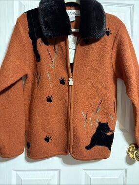 Lisa Inter. Orange Wool-Blend Pea Coat with Black Panther Appliqués Vintage